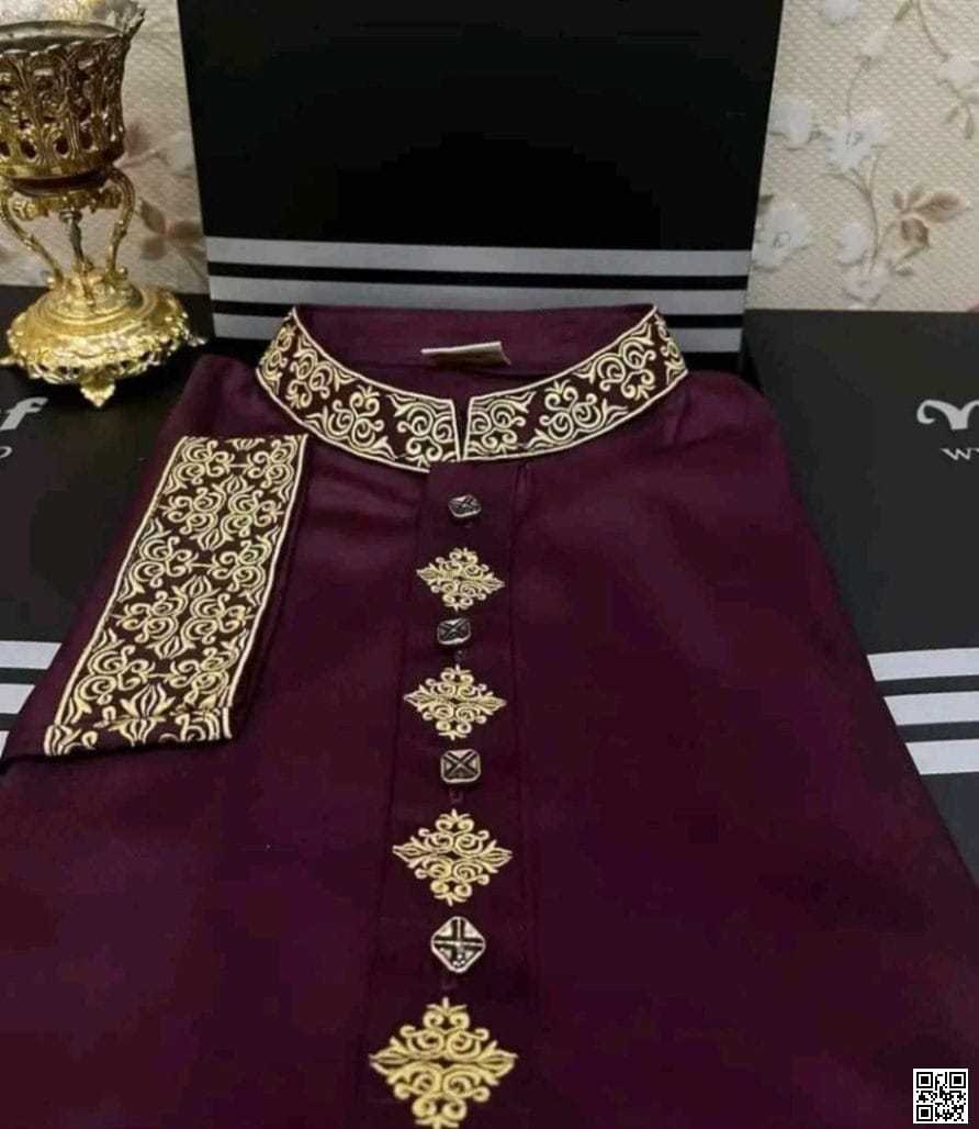 Men's Black Semi Long Embroidery Work Panjabi (Tencel Cotton) (ba8dm)